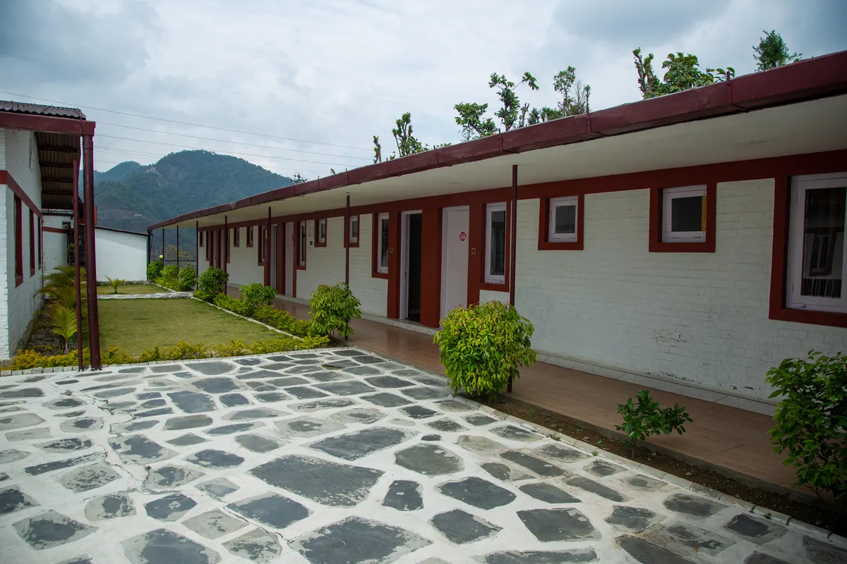 Stone walkway beside the resort accommodation buildings